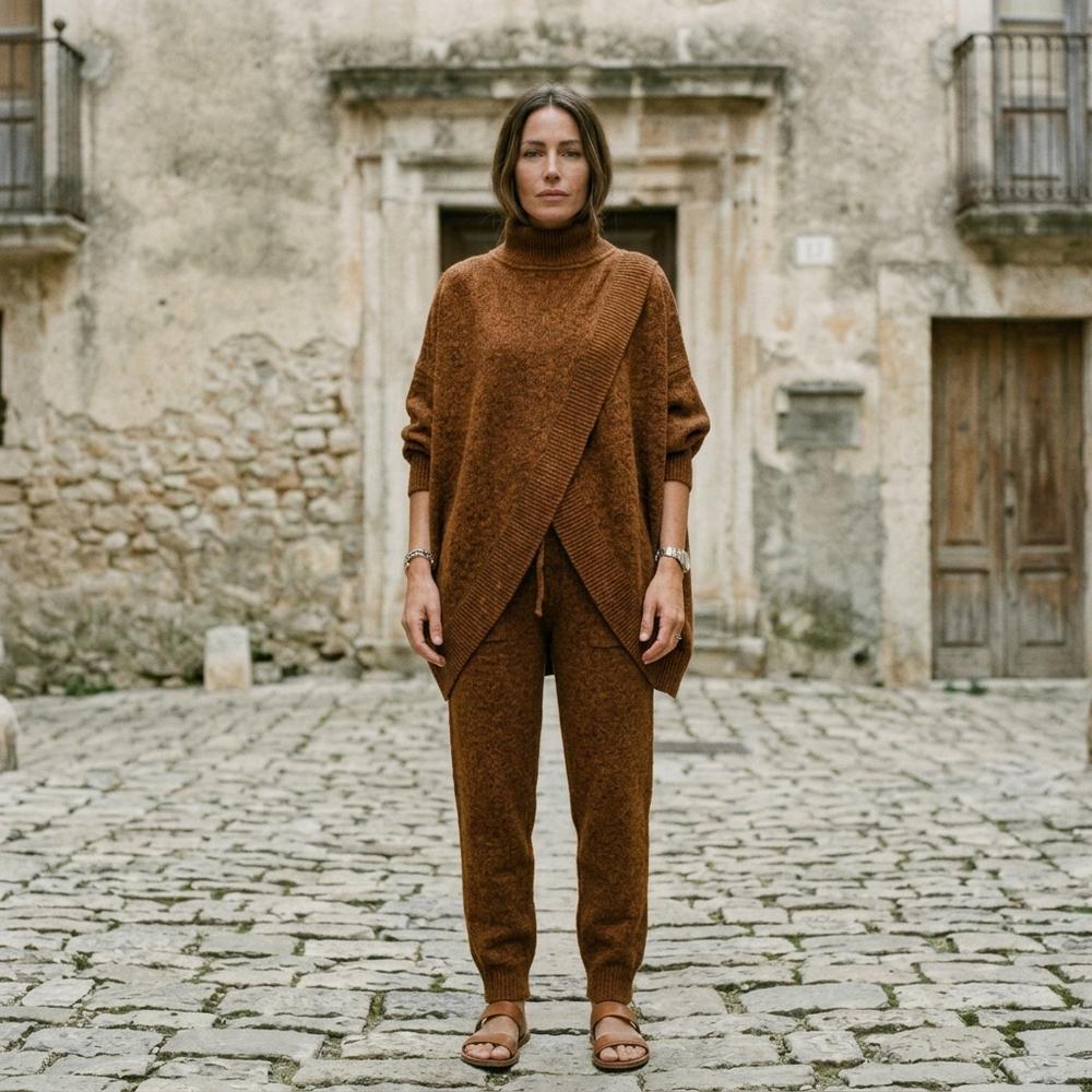 Madline24 - Lotal | Asymmetrisches Geripptes Hose und Pullover Set Damen