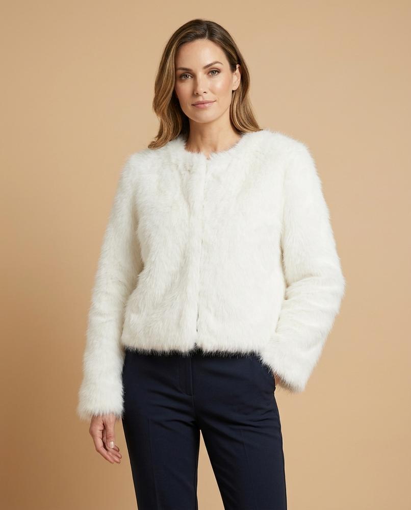 Madline24 - Selin | Kragenlose Kunstpelz Jacke Damen
