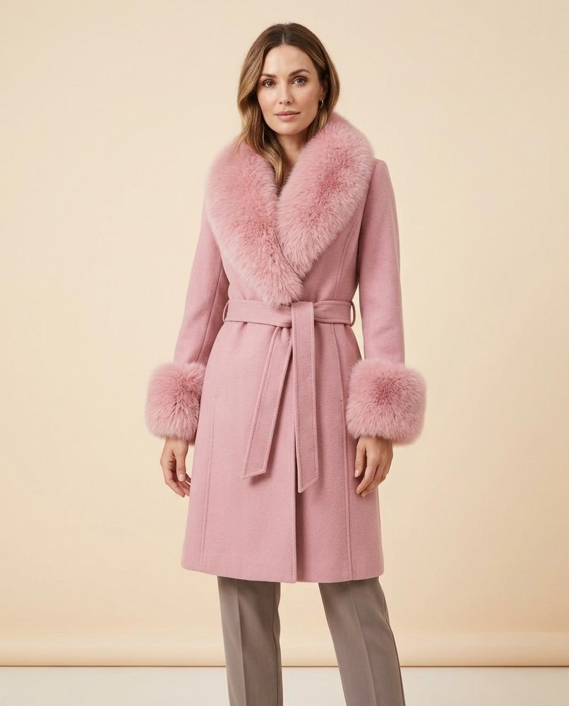 Madline24 - Riron | Pelzbesetzter Gegürteter Mantel Damen