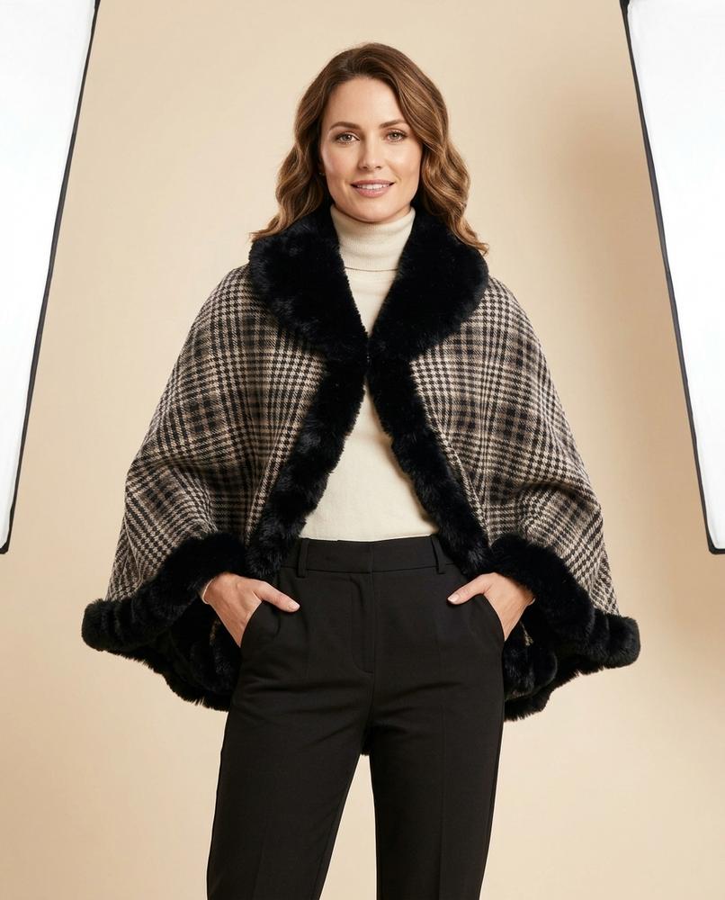 Madline24 - Semel | Karierter Pelzbesetzter Mantel Damen