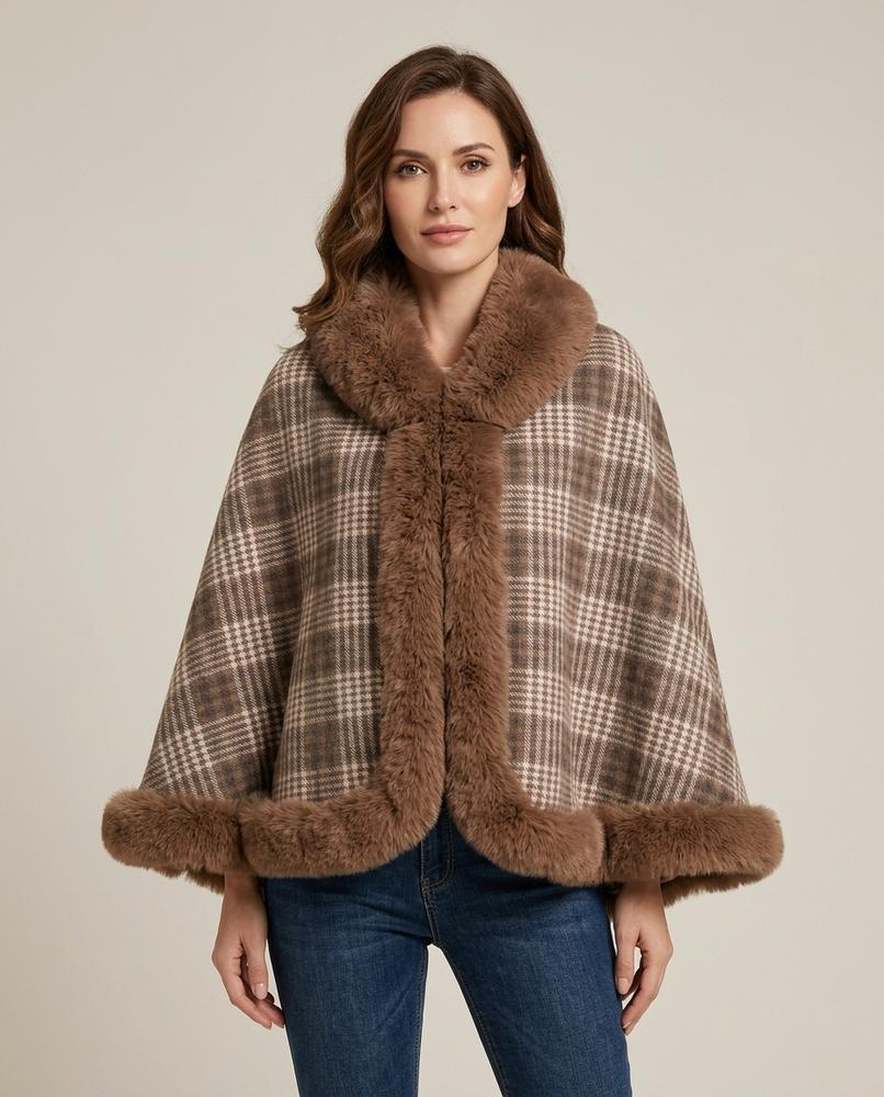 Madline24 - Semel | Karierter Pelzbesetzter Mantel Damen