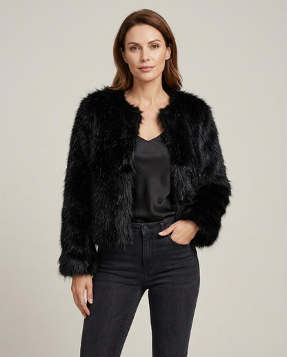 Madline24 - Selin | Kragenlose Kunstpelz Jacke Damen