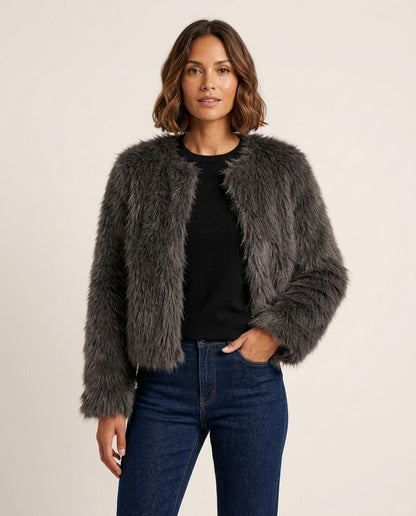 Madline24 - Selin | Kragenlose Kunstpelz Jacke Damen
