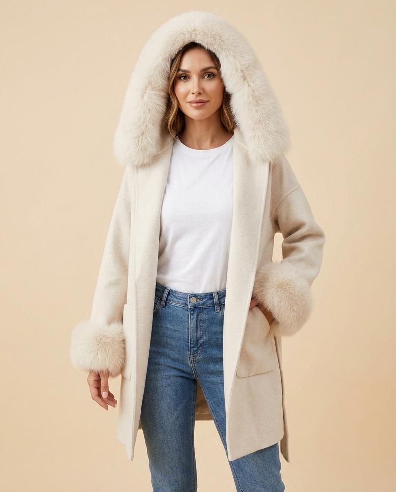 Madline24 - Elnav | Pelzbesetzter Woll Mantel Damen